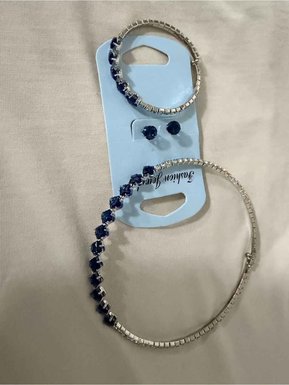 Silver Hoop Earrings with Navy Blue Gems